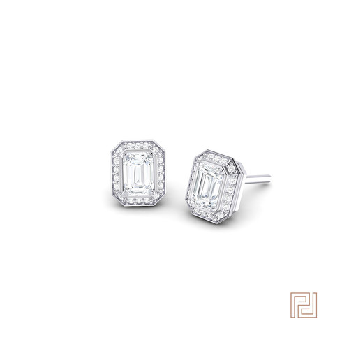 Emerald Cut Diamond Halo Stud Earrings